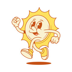 Cute cheerful yellow sun cartoon character running escape contoured vector flat illustration. Funky adorable summer sunlight sunshine vacation mascot jogging run away hurrying speed movement