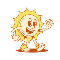 Funny yellow sun cartoon character hi hello contoured vector flat illustration. Smiling happy summer sunlight sunshine vacation mascot greeting waving hand welcome with positive emotion