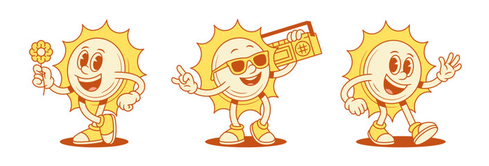 Funky comic yellow sun cartoon character set contoured vector flat illustration. Adorable happy summer sunlight sunshine vacation mascot with retro music player flower hi hello greeting