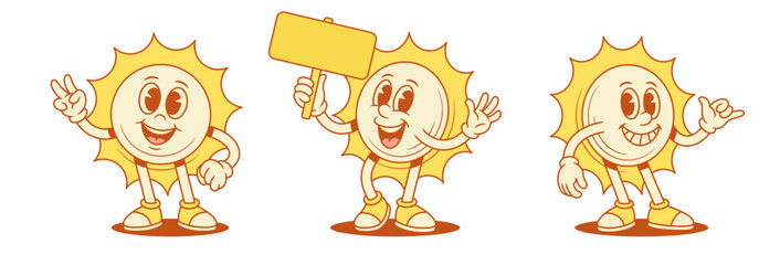 Cute cheerful yellow sun cartoon character set contoured vector flat illustration. Funky comic summer sunlight sunshine vacation mascot with signboard promo surf relax greeting hi hello