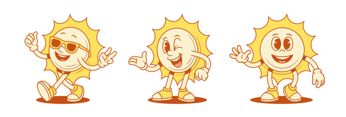 Funky happy comic yellow sun cartoon character set contoured vector flat illustration. Smiling cute summer sunlight sunshine vacation mascot presenting greeting hi hello in sunglasses © provectors
