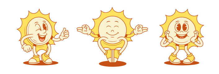 Funky smiling yellow sun cartoon character set contoured vector flat illustration. Happy cute adorable summer sunlight sunshine vacation mascot yoga meditation relax hi hello greeting © provectors