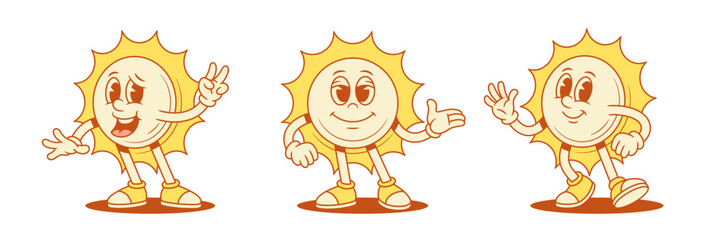 Funky cheerful yellow sun cartoon character set contoured vector flat illustration. Cute comic smiling summer sunlight sunshine vacation mascot hi hello greeting friendly welcome waving hand
