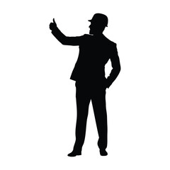 Silhouette of an architect or engineer wearing a hard hat and suit, giving a thumbs-up gesture while the other hand is in his pocket.