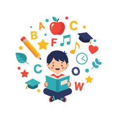 A flat illustration of a young child happily reading a book surrounded by colorful educational icons like letters, an apple, a pencil, a graduation cap, and musical notes, symbolizing learning