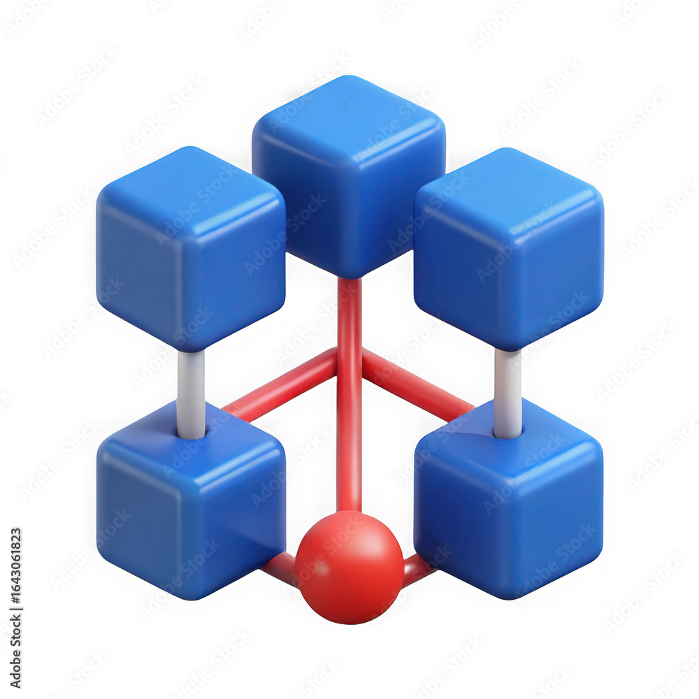 Poster 3d abstract network structure with blue cubes and red connectors isolated on transparent background