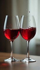 Generative AI Two wine glasses containing red wine with droplets in motion showcasing refinement