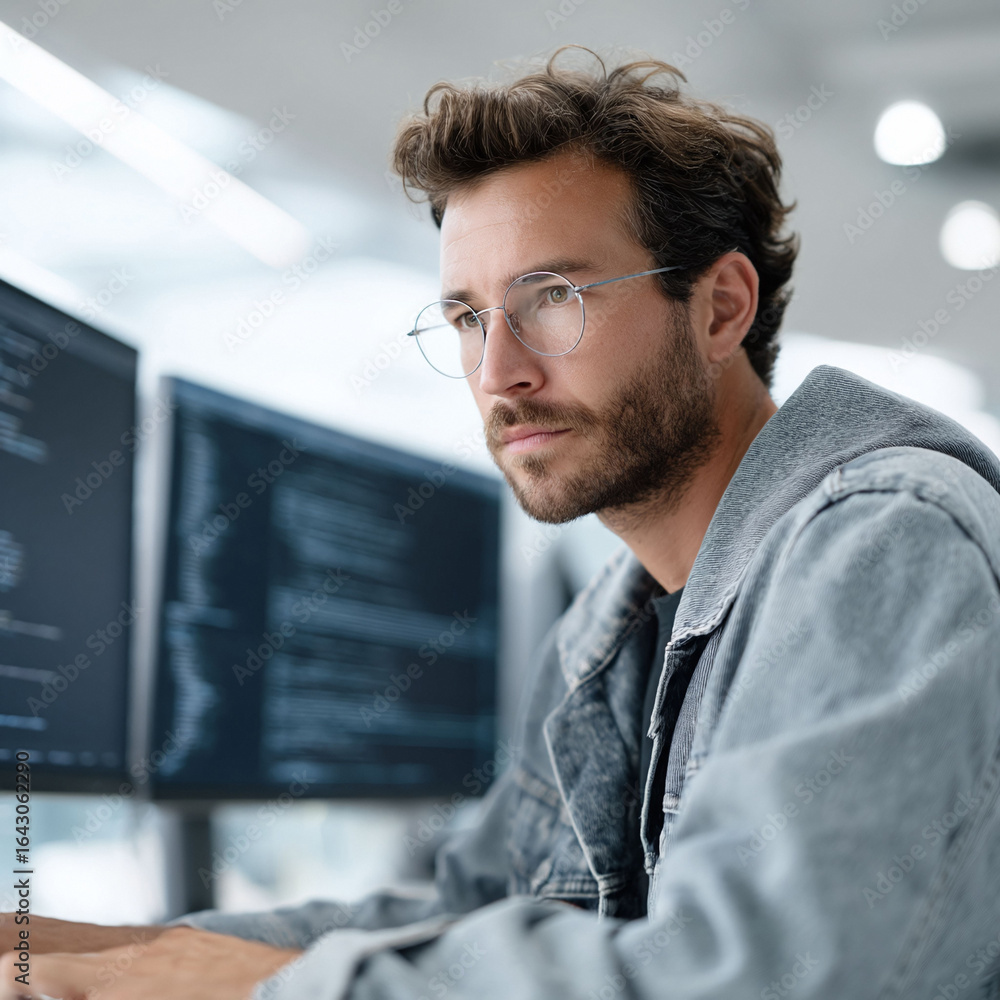 Poster focused developer working on code. modern office. great for tech, startup, innovation, programming a