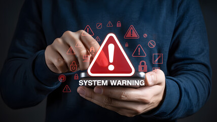 Person holding a phone displaying a system warning with security icons floating around the screen
