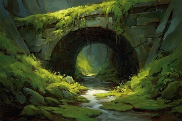 Lush mossy stone arch bridge over a stream