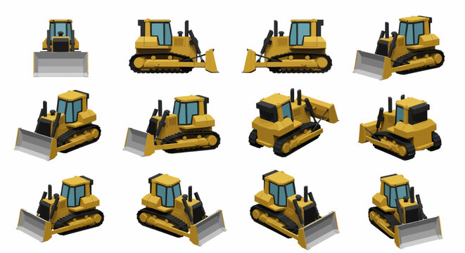 A collection of twelve yellow bulldozer illustrations shown from various angles and perspectives.