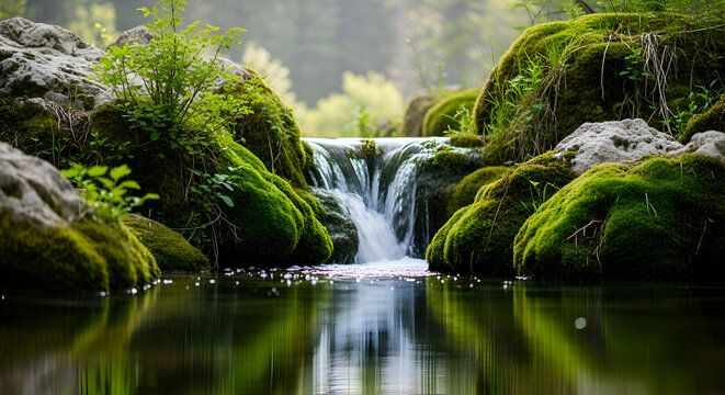 Small waterfall small cascading over moss-covered rocks into a calm pool in a lush green forest