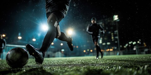 Professional soccer player in a dark stadium at night. Sport action shot with footballer running on urban field.