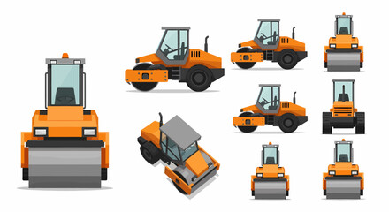 Multiple views of an orange road roller, showcasing different perspectives and angles.