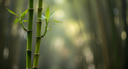 Fototapeta premium Close up of green bamboo stalks with leaves in soft focus