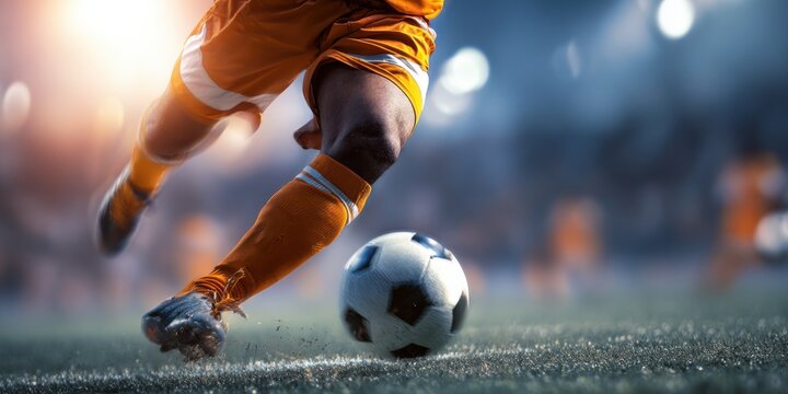Male soccer player kicking a football during a match on a stadium pitch. Football game action or sport competition concept.