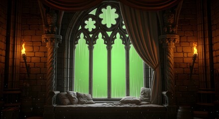 Dark medieval castle interior featuring a large Gothic window with a green screen, flanked by flaming torches.
