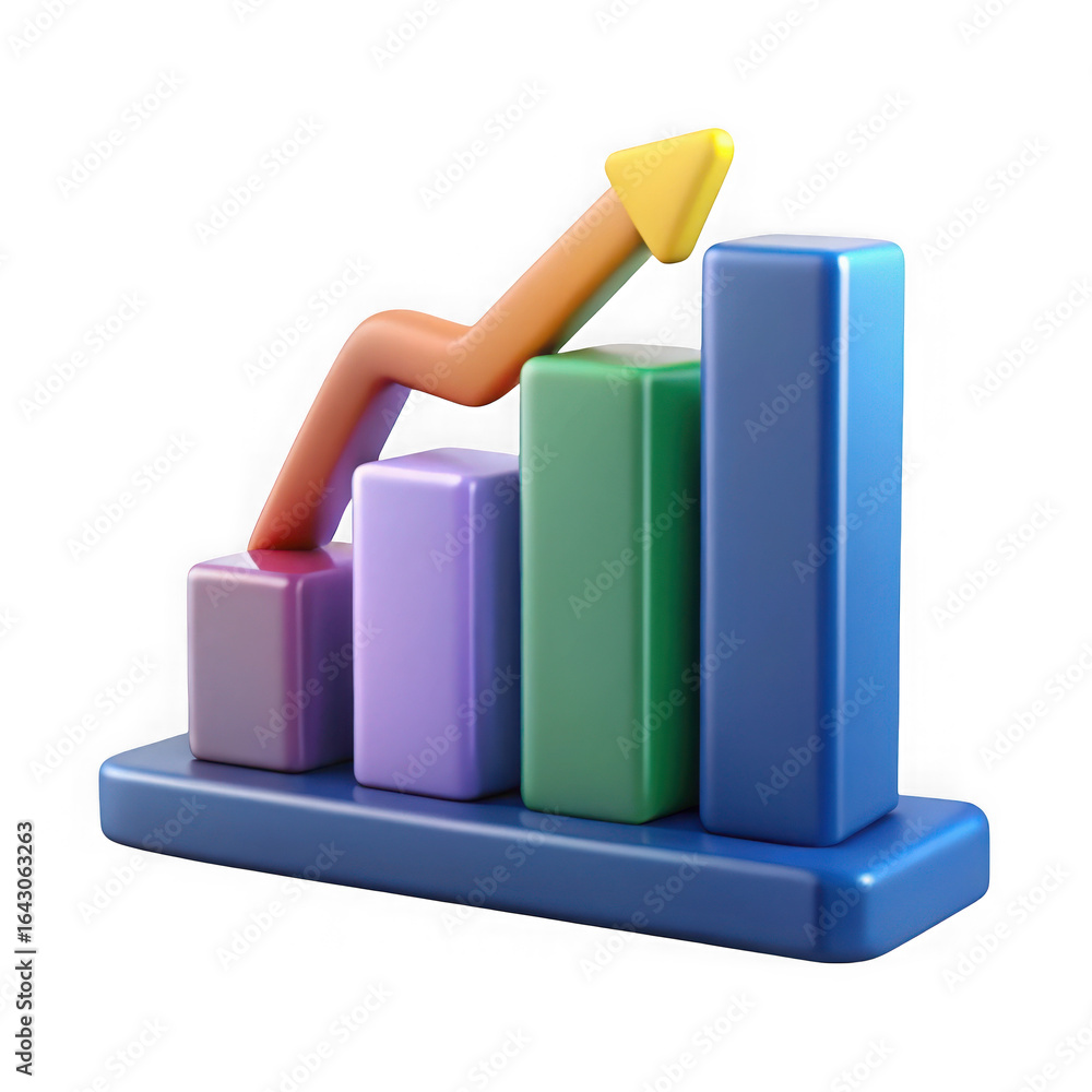 Poster 3d bar chart with upward trending arrow on a white background graph statistics isolated on a transpa