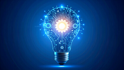 Digital innovation concept featuring a glowing lightbulb with circuit pathways and gears