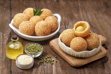 Onde-onde or sesame balls are a type of market snack cake that is famous in Indonesia. Sesame balls are easy to find in traditional markets or sold at street vendors