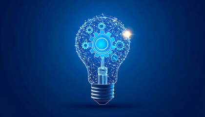 Futuristic lightbulb idea with intricate digital pathways and mechanical gears glowing brightly.
