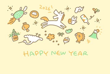 白馬と日本の正月の手描きのレトロかわいい年賀状　2026・黄色・カラフル