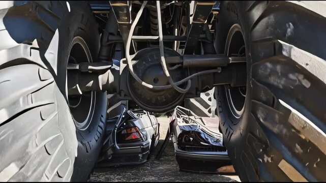 A front-facing monster truck spectacle crushing two cars in a sunlit open field, showcasing immense power and precision engineering
