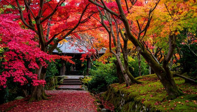 Autumn leaves garden pathway