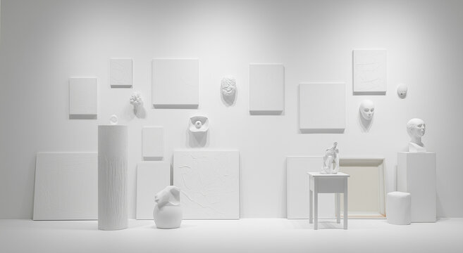 Modern, minimalist white art gallery with sculptures, canvases, and geometric forms ideal for showcasing contemporary art and exhibitions.