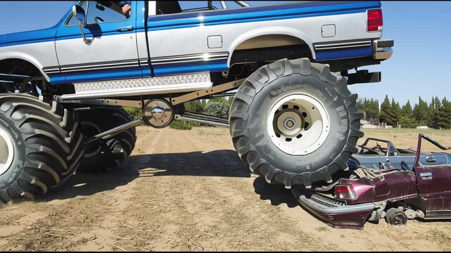 A giant monster truck event crushing cars in a wide dirt field, showcasing power, engineering, and spectacle