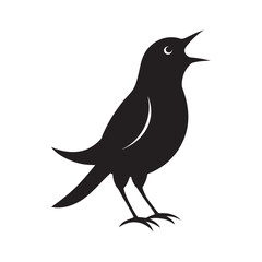 A simple black silhouette of a bird with its beak open appearing to sing or chirp standing on its legs