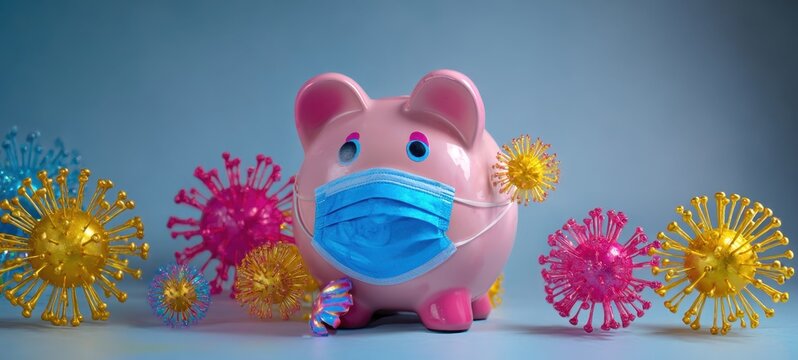 The piggy bank wearing a mask surrounded by colorful viruses.