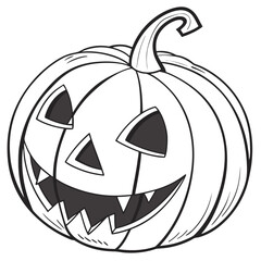 A classic carved halloween jack o lantern with a spooky grinning face and a curved stem on a black background