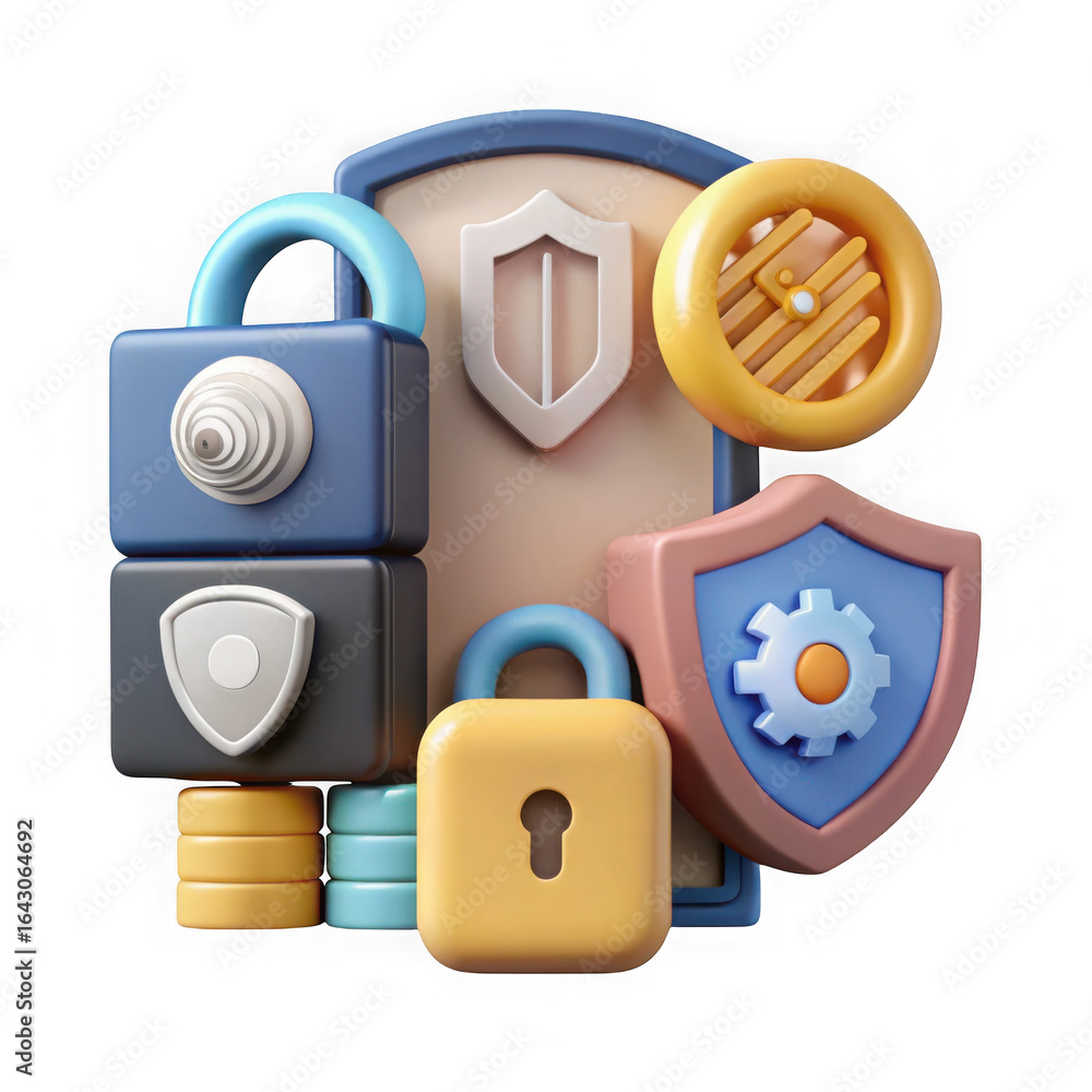Poster 3d security icons with padlocks and shields isolated on transparent background