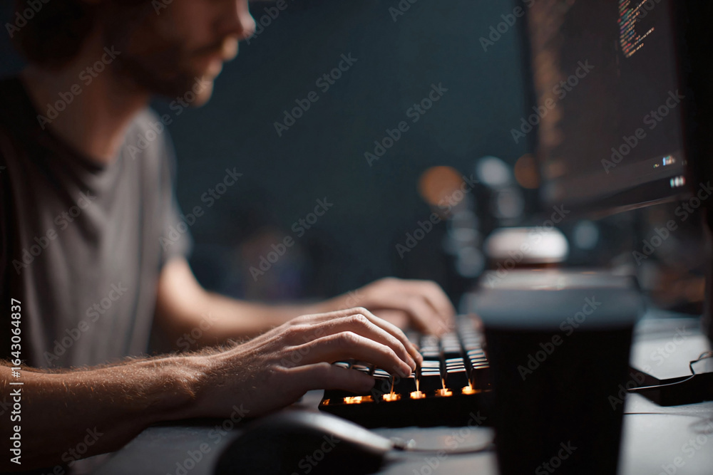 Poster man coding at night on a glowing keyboard. focus on hands and screen. great for illustrating technol