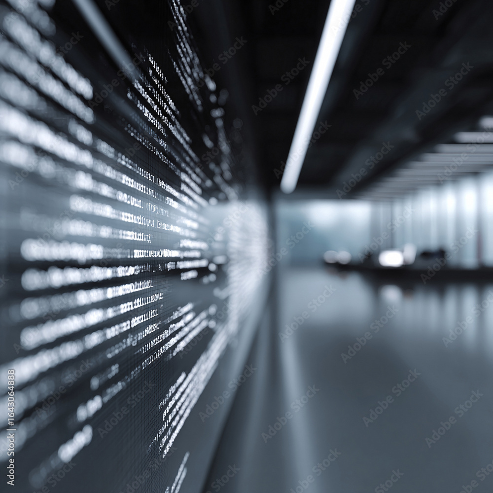 Poster abstract data stream in a modern office. futuristic technology concept, ideal for ai, coding, securi