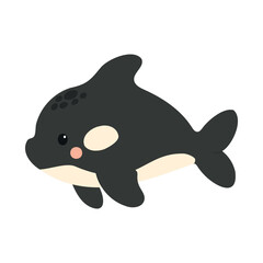 A cute cartoon orca whale swimming. The whale is predominantly black with white accents and has a friendly expression. It is set against a simple background.