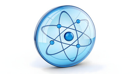 3D blue glass sphere with atom model inside, futuristic holographic science and technology concept isolated on white