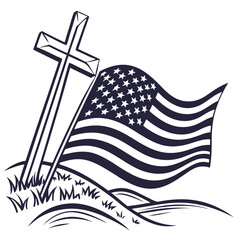 Christian cross and american flag on a hill with grass and waves symbolizing freedom and faith © RUJINA