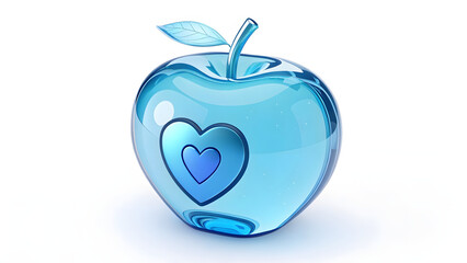 Obraz premium 3D blue glass apple with heart symbol inside, futuristic holographic design isolated on white background