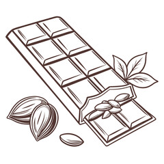 Delicious outline drawing of a chocolate bar with almonds and mint leaves on a white background