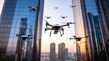 Futuristic drones flying through a modern city with skyscrapers. Representing advanced technology, surveillance, and smart innovation.