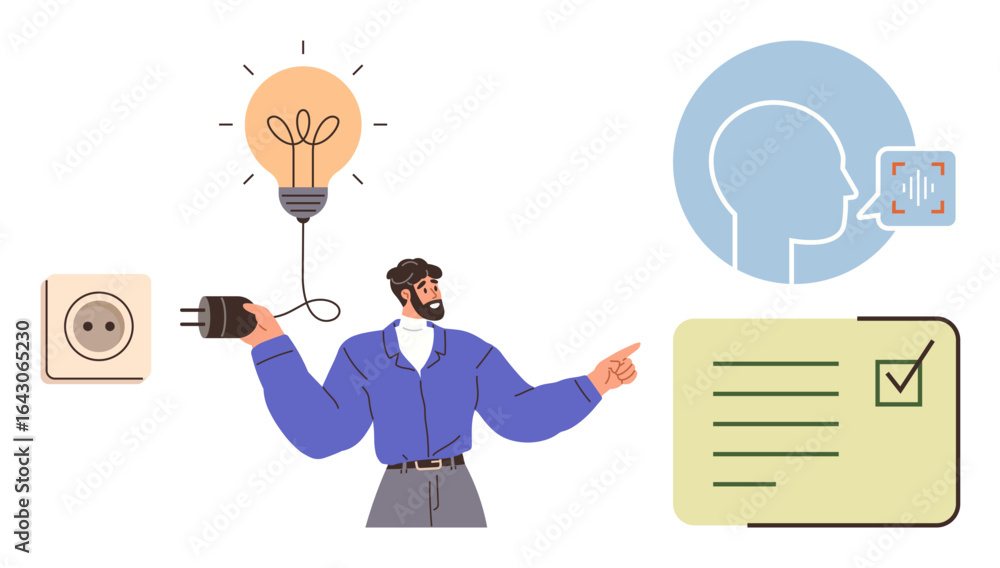 Poster man holds a plug towards a light bulb, gestures towards a checklist and abstract head with voice rec