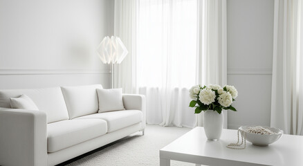 Bright, minimalist living room with white sofa, sheer curtains, modern pendant light, and coffee table adorned with fresh white flowers and a decorative pearl necklace.