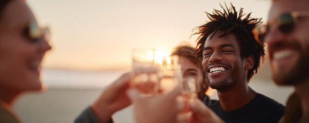 Friends toasting at sunset. A diverse group enjoys a celebratory moment, smiling with glasses raised. Evokes joy, connection, and lifes simple pleasures.