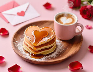 A stack of delicious heart-shaped pancakes with honey, coffee and flowers on the table. Romantic breakfast for Valentine's Day and honeymoon