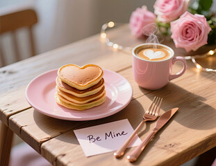 Stack of delicious heart-shaped pancakes with coffee, note and flowers on wooden table. Romantic breakfast for Valentine's Day and honeymoon