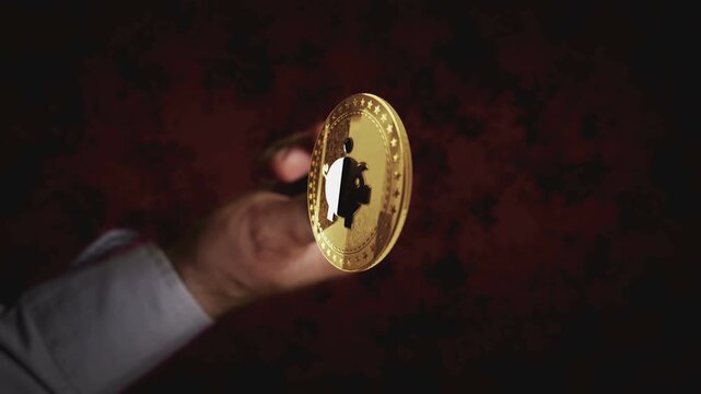 Piggy bank money box rotating hand coin toss. Transaction and blockchain technology symbol throws to flip on heads or tails slowmotion 3d abstract concept.