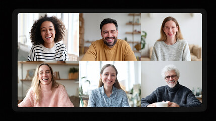 Diverse group video call on tablet. Screen showcasing happy faces in a virtual meeting. Teamwork, connection, communication, and remote work concept.