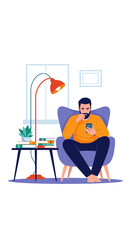 Bearded man in armchair using smartphone near table with books and lamp